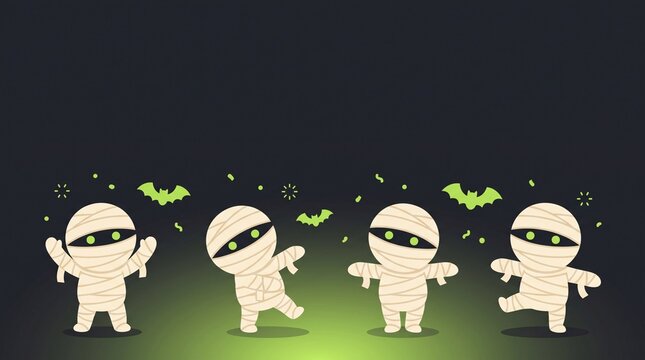 cute bandaged mummy characters performing playful poses with glowing green eyes, floating lime bats and festive confetti on a dark spooky background, whimsical halloween cartoon illustration