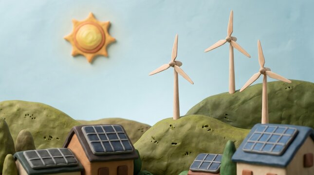 Photorealistic miniature eco-friendly house handcrafted from colored clay, tiny clay trees, rolling green hills, a sculpted sun and soft white clouds, tactile handmade textures