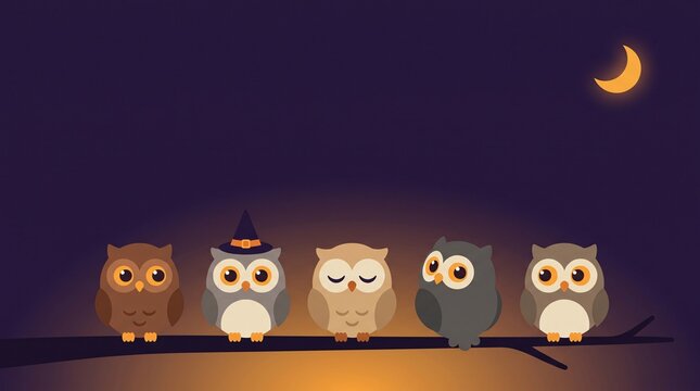 five adorable owl characters perched on a branch beneath a glowing crescent moon, including a witch hat owl in a warm autumn night scene for halloween themed illustrations