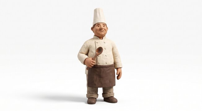 A photorealistic 3D handmade clay character of a professional chef wearing a pristine white double-breasted chef jacket, tall chef hat, dark apron and kitchen trousers, holding a wooden cooking spoon