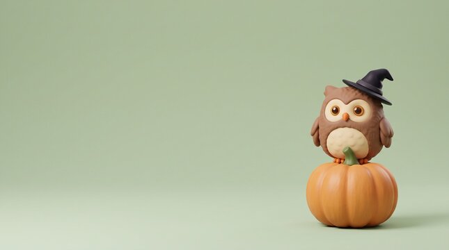 whimsical brown owl wearing a black witch hat perched on an orange pumpkin, charming 3d halloween character with soft green background and generous copy space