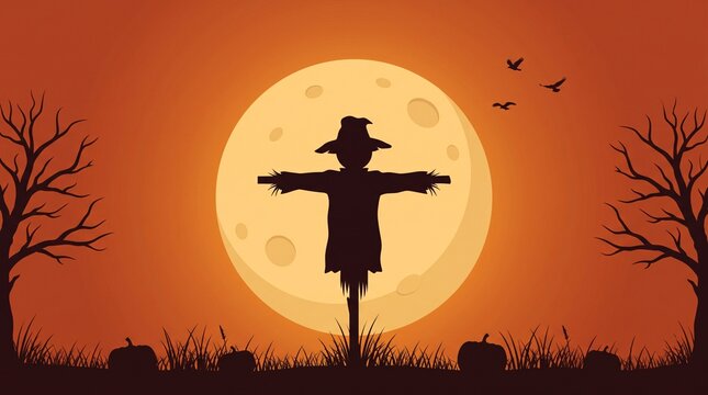 eerie halloween scarecrow silhouette standing against an enormous golden harvest moon with flying crows, leafless trees, wild grasses and pumpkins in a dramatic orange autumn night scene