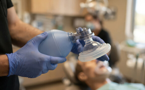 Medical professional preparing bag valve mask for artificial ventilation in dental clinic