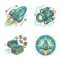 Colorful cartoon illustrations of space and treasure themes. © kanarus