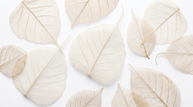 Top view of delicate skeleton leaves arranged on a pure white background