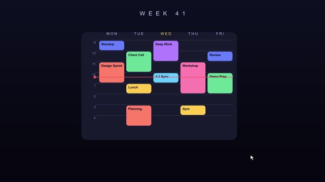Animated weekly planner grid filling with color blocks during dark background animation