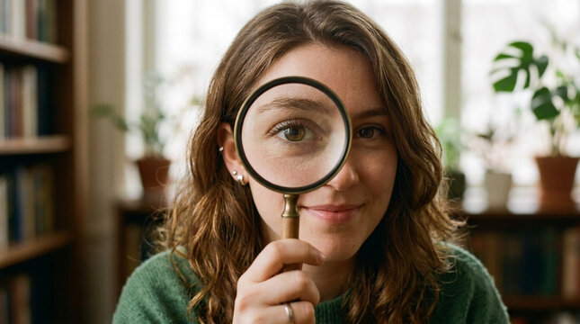 Curious Woman Examining Through Magnifying Glass in Library Seeking Knowledge