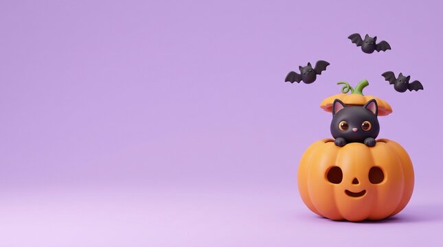 cute black kitten peeking from a smiling halloween pumpkin with flying bats, playful 3d render on a pastel lavender background with generous copy space for seasonal autumn greeting designs