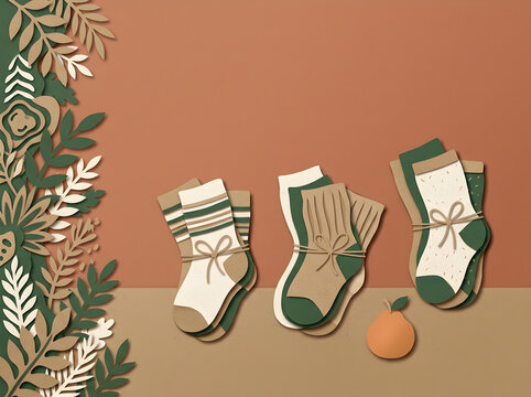 Cozy winter socks flat lay, warm knitted hosiery with paper cut leaves and orange, autumn seasonal apparel concept in earth tones