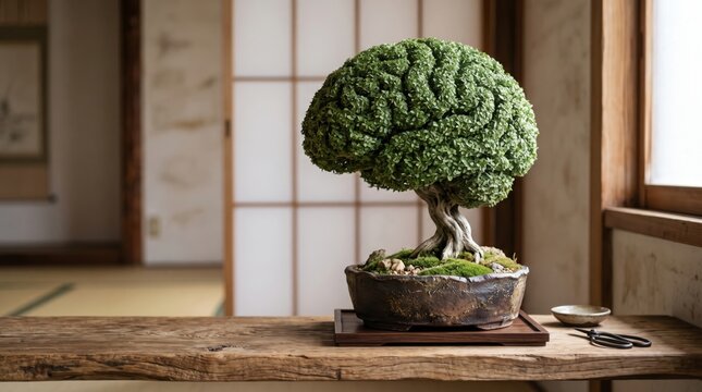 Bonsai tree shaped like a human brain symbolizing nature and mind connection in traditional interior.