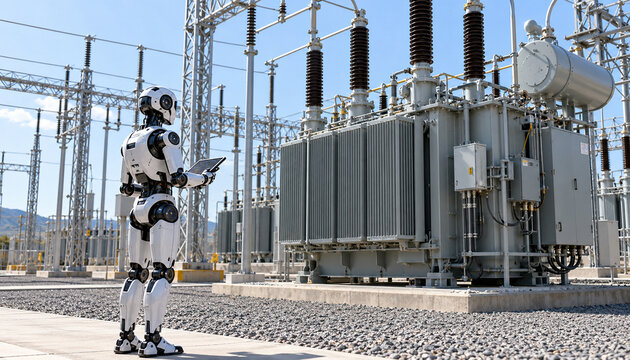 A humanoid robot inspecting a large power transformer at an outdoor electrical substation.