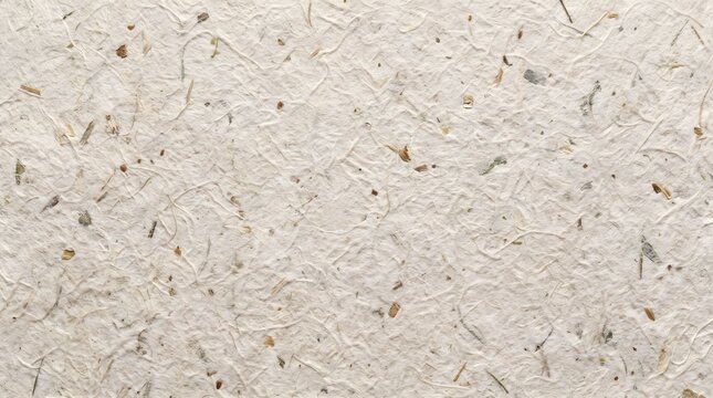 Handmade recycled paper pulp texture featuring a rough surface, natural fibers, and scattered fine speckles. Ideal for eco friendly packaging, stationery, paper crafts, sustainable branding.