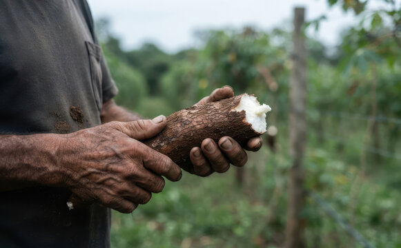 Farmer holding freshly harvested organic cassava root in a tropical plantation field