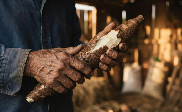 Elderly male farmer peeling fresh cassava root in a rustic barn, agriculture and traditional food production concept