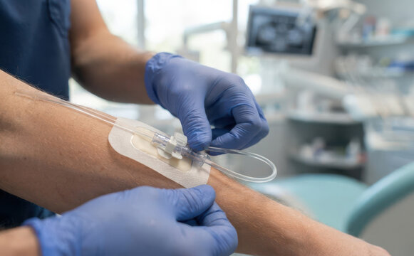 Medical professional securing intravenous IV line catheter on patient arm in hospital clinic room