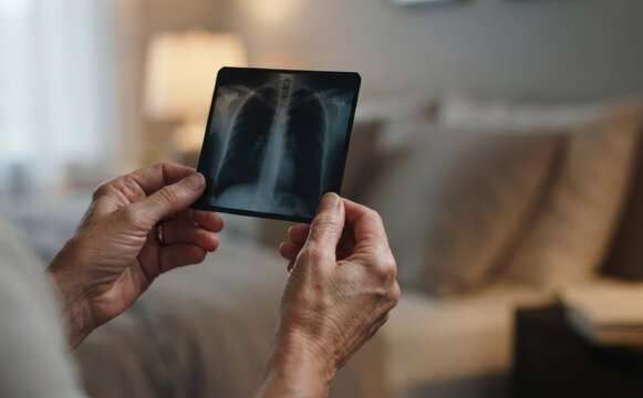 Elderly woman holding a chest x-ray radiogram in a bedroom, representing medical diagnosis and health checkup