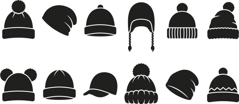 Collection of various winter hats presented as a black silhouette