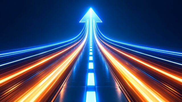 Glowing neon highway road transforming into an upward arrow showing the high speed journey to technological success