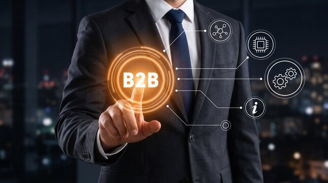 Businessman pointing at glowing digital icon for corporate networking