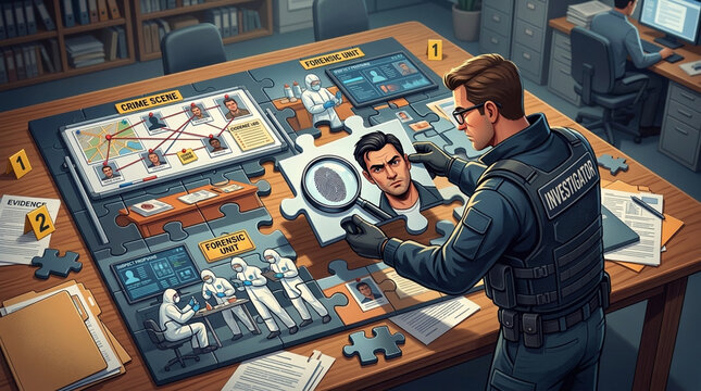 Crime Scene Investigation Puzzle Detective Examines Fingerprint Case Files Suspects Map Forensic Science