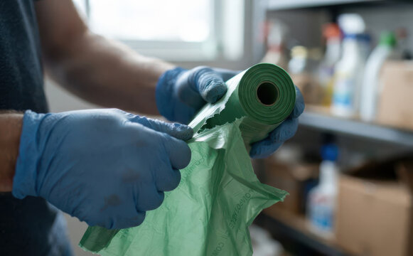 A male worker in blue protective gloves unrolling a green plastic garbage bag roll in a storage room