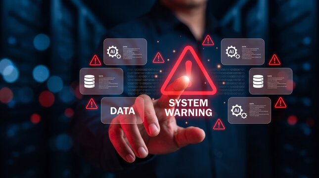 Professional manager pointing at glowing red system warning screen interface