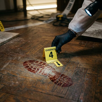 Crime Scene Investigation Forensic expert places evidence marker next to bloody footprint on wooden floor