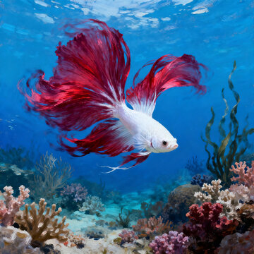Oil Painting Of Betta Fish Swimming Over Coral Reef