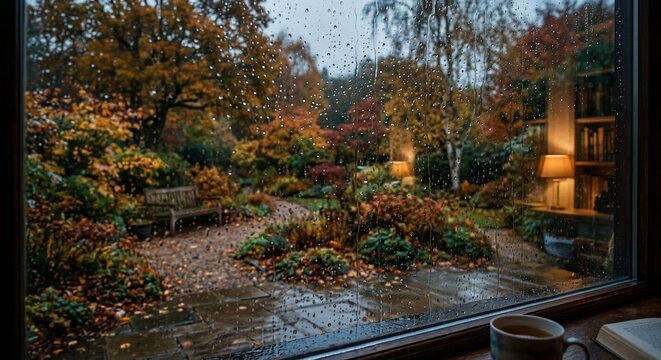 Cozy autumn window view with raindrops hot drink and colorful garden outside during a rainy day
