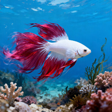 Oil Painting Of Betta Fish Swimming Over Coral Reef