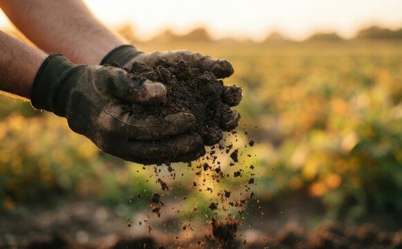 Farmer holding rich fertile soil in hands outdoors representing sustainable agriculture and earth care