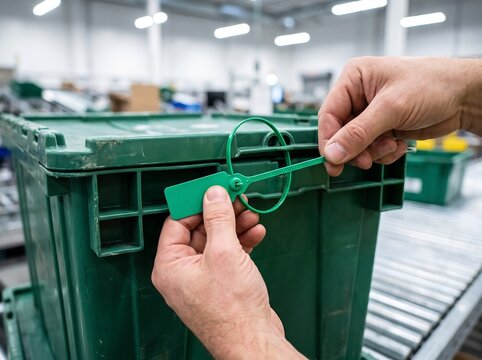 Worker securing green plastic tote with security seal in a warehouse