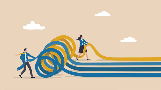 Business Professionals Unwinding Tangled Ribbon Coils into Smooth Parallel Tracks, Minimalist Flat Vector Illustration for Project Management and Workflow Optimization
