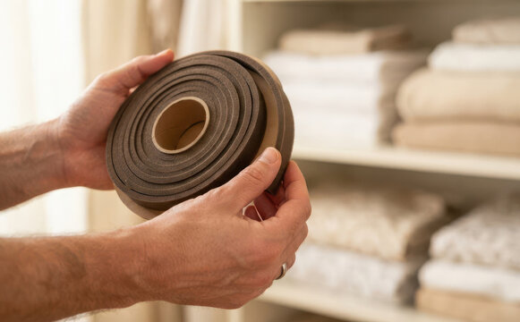 Man holding a roll of brown foam weatherstripping tape for home insulation and window draftproofing