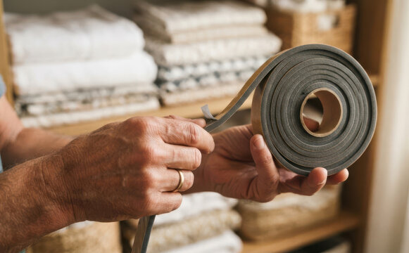 Middle aged man holding a roll of weather stripping foam tape for home insulation and window draft proofing