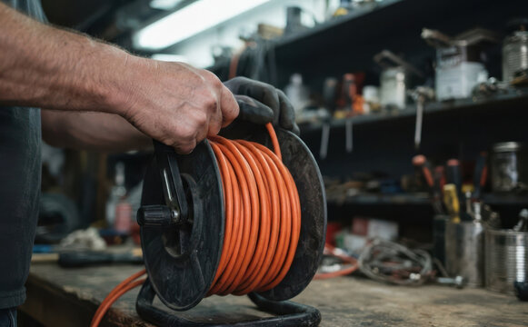 Middle-aged man winding up orange electrical extension cord on a spool in a cluttered workshop