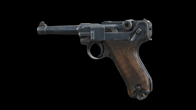 Classic vintage Luger P08 semi-automatic military pistol with toggle-lock action and wooden grip over a pitch black background. Excellent for historical World War II documentaries, retro military acti