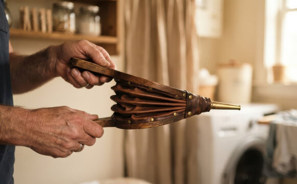 Man holding traditional wooden fireplace bellows with leather and brass nozzle for indoor hearth