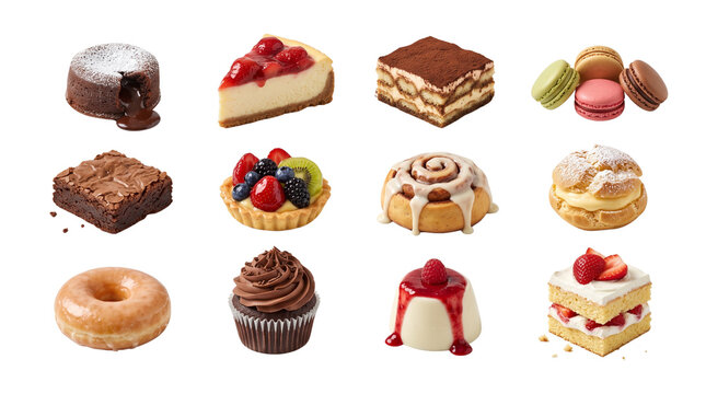Gourmet dessert set isolated on white background, 12 sweet bakery pastries and cakes collection, delicious tart donut cupcake macaron set