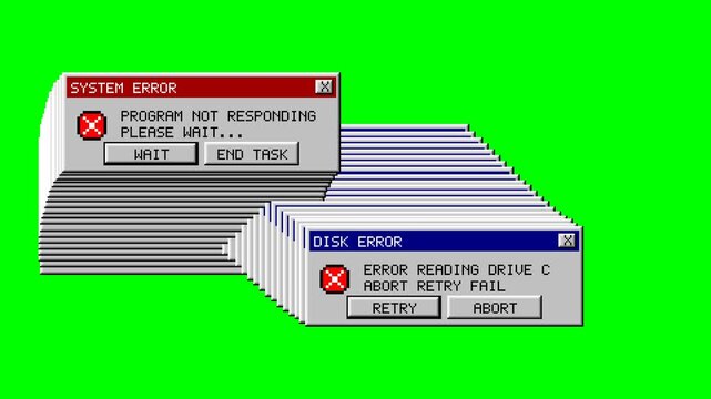 Retro computer error message dialogs freezing and leaving glitch ghost trails, nostalgic 90s system crash pixel art animation on green screen background, seamless 6 second loop