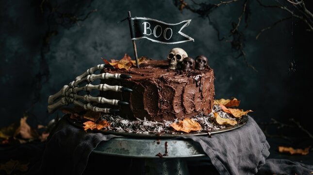A dark chocolate cake decorated with a skeleton hand, a skull, and a banner reading "Boo". The cake sits on a silver cake stand covered with a dark grey cloth.
