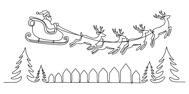Santa claus flying in sleigh with reindeer over houses Vector, illustration