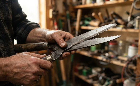 Craftsman holding vintage serrated shears in a rustic workshop setting for artisanal woodworking projects