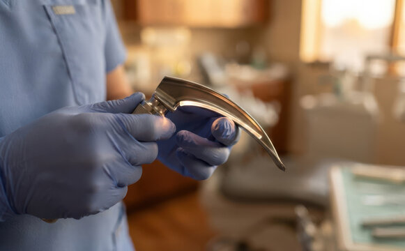 Medical professional holding a laryngoscope blade in a clinic setting representing airway management and intubation procedures