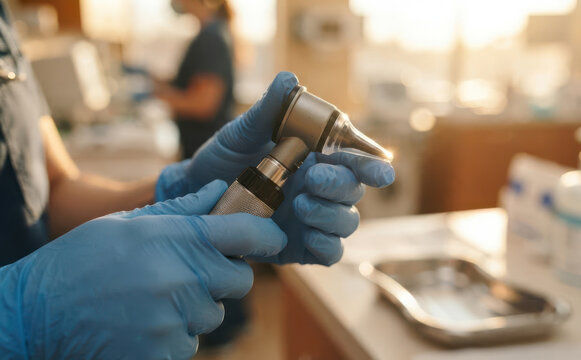 Medical professional holding otoscope in clinic examining ear equipment healthcare tool