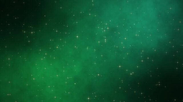 グリーンと深緑の幻想的な夜空にキラキラ瞬く星々とオーロラ宇宙のシームレスループ動画素材 / Twinkling stars in emerald green starry night sky seamless loop abstract background