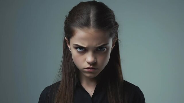 Close-up of a frustrated young girl looking directly at the camera with an angry and stern expression. Her intense gaze conveys strong emotions of displeasure and irritation.