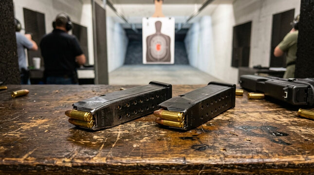 Close up of two handgun magazines loaded with bullets on a wooden table at a shooting range with a target in the background