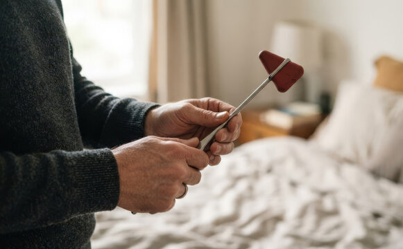 Middle aged caucasian man holding a reflex hammer for a medical checkup in a bedroom