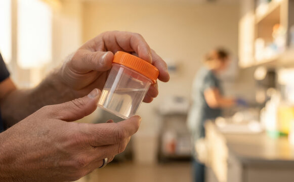 Medical professional holding a urine sample container in a laboratory setting for analysis and testing